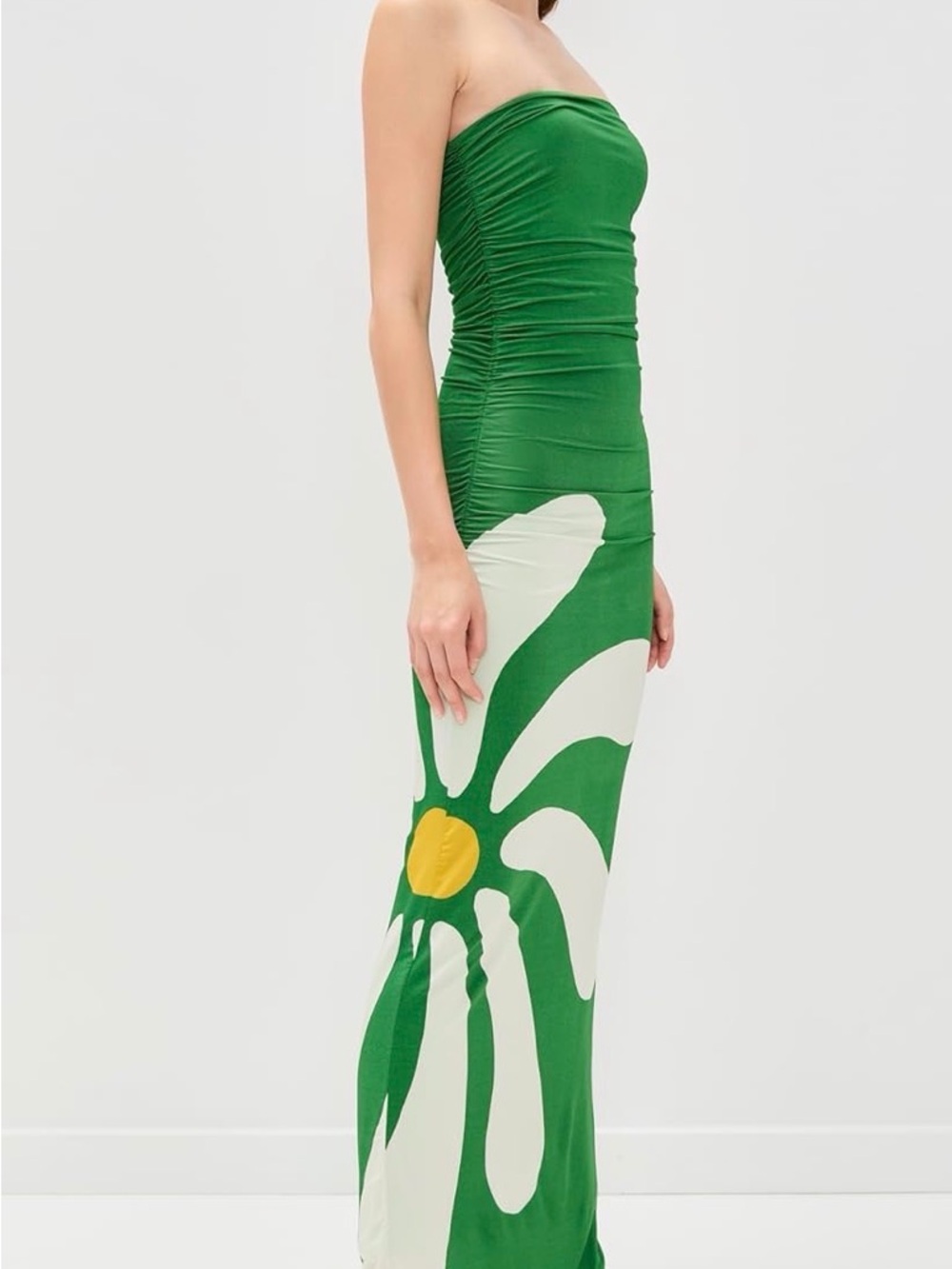 Green Strapless Ruched Maxi Dress with White Graphic Print - Picture 7 of 7